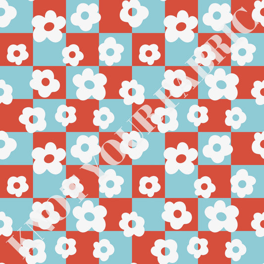 PRE-ORDER White Flowers on Red Blue Checkered